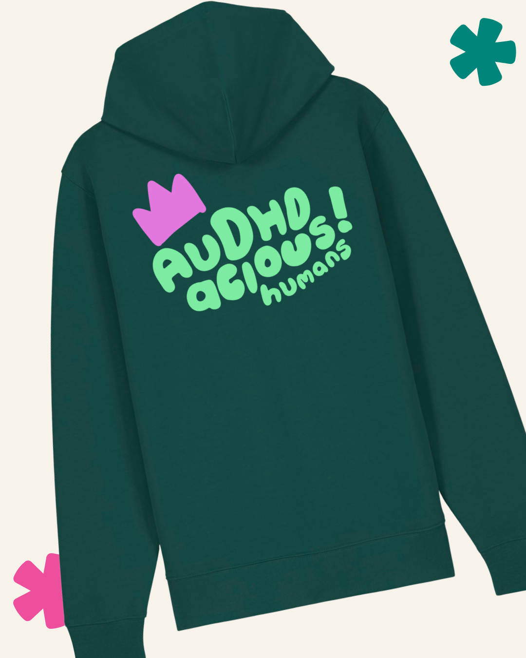 Green hoodie with colorful text and a purple crown on the back, on a light gray background.