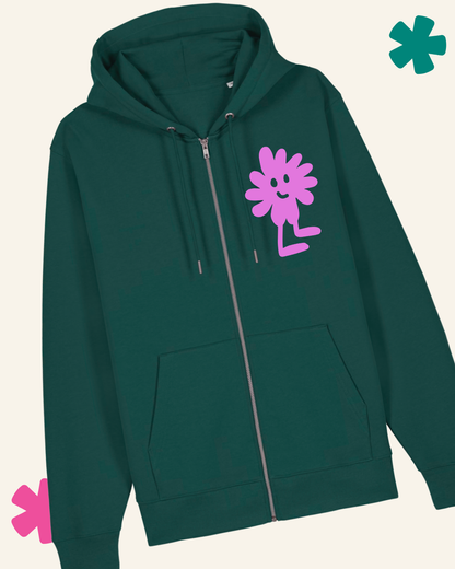 Green hoodie with a purple cartoon character on a white background