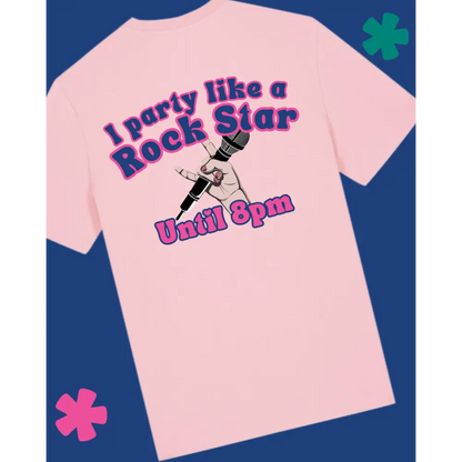 Pink t-shirt with 'I party like a rock star until 8pm' text and tattoo design on a blue background