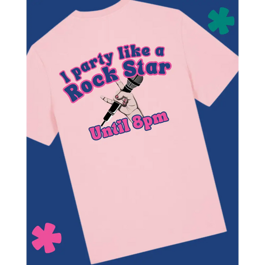 Pink t-shirt with 'I party like a rock star until 8pm' text and tattoo design on a blue background