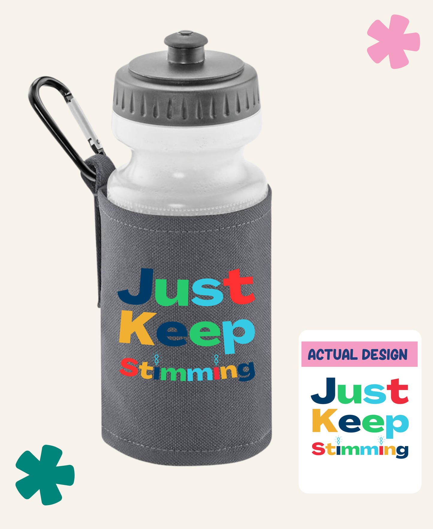 just keep stimming Grey Unite Club Water Bottle – In Use, Clipped to Bag – Neurofest x Unite Club