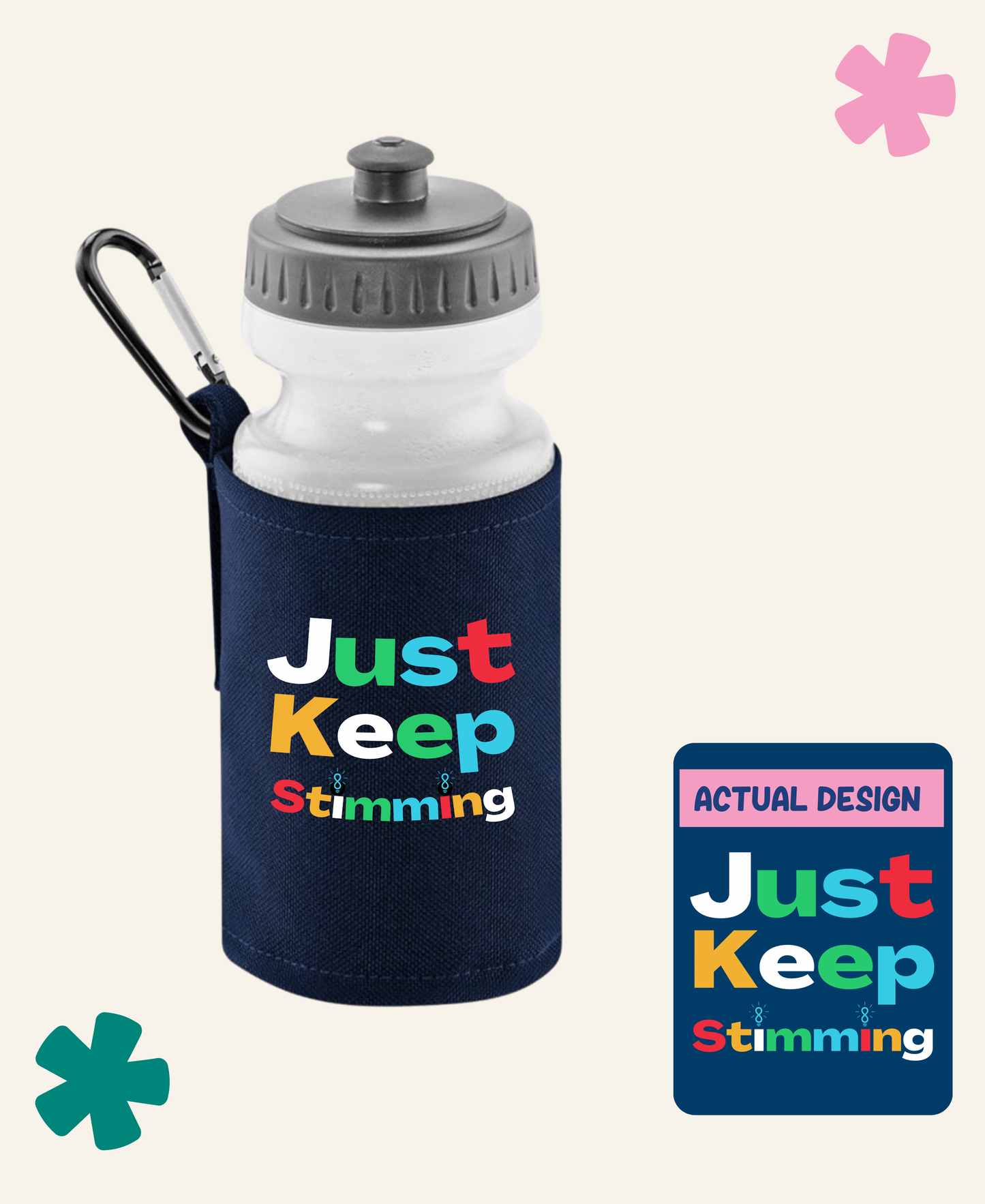 just keep stimming Navy Unite Club Water Bottle – In Use, Clipped to Bag – Neurofest x Unite Club