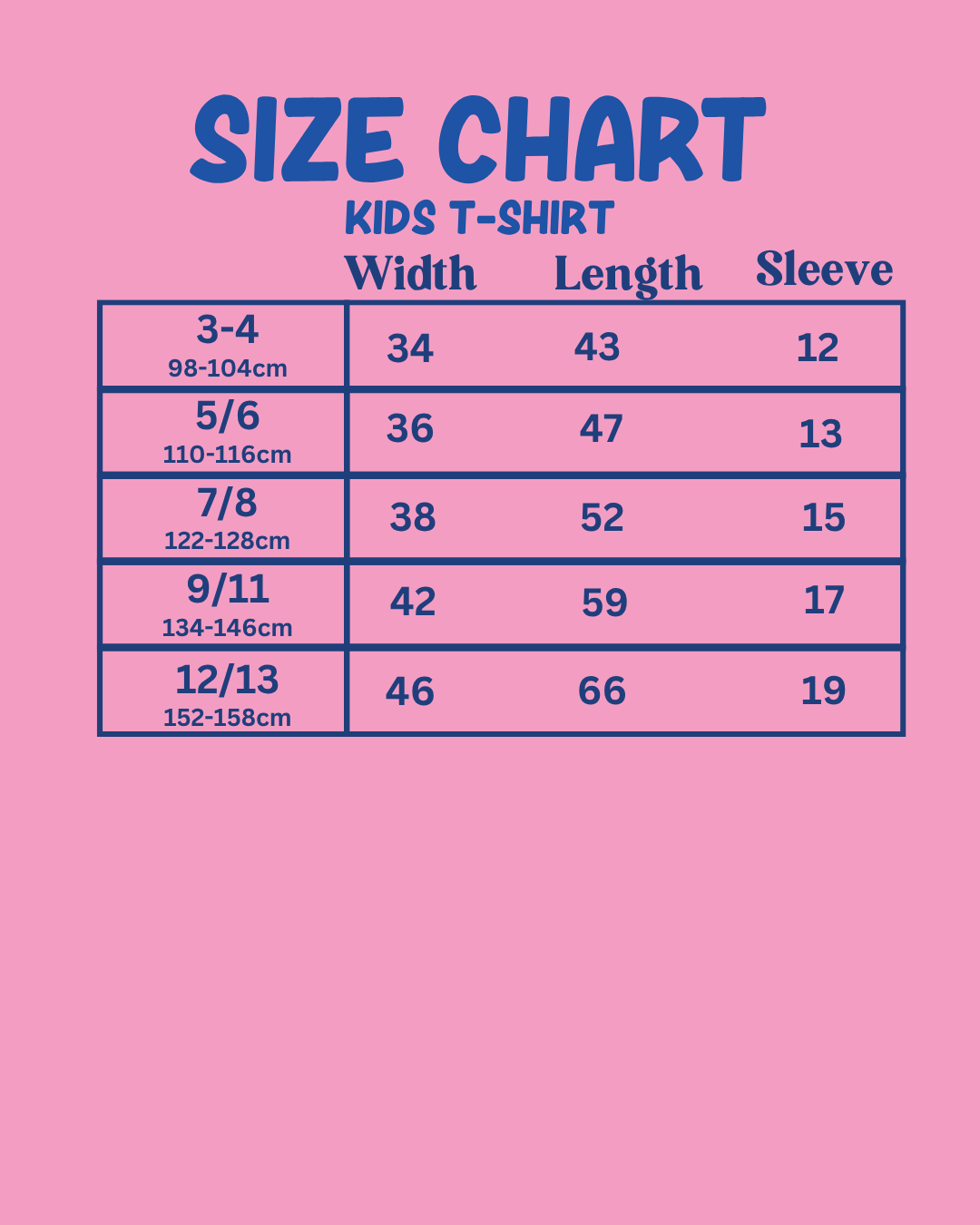 Size chart for kids t-shirts on a pink background