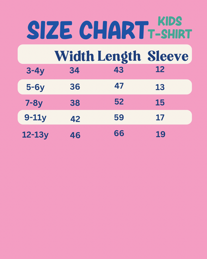 Size chart for kids t-shirts on a pink background
