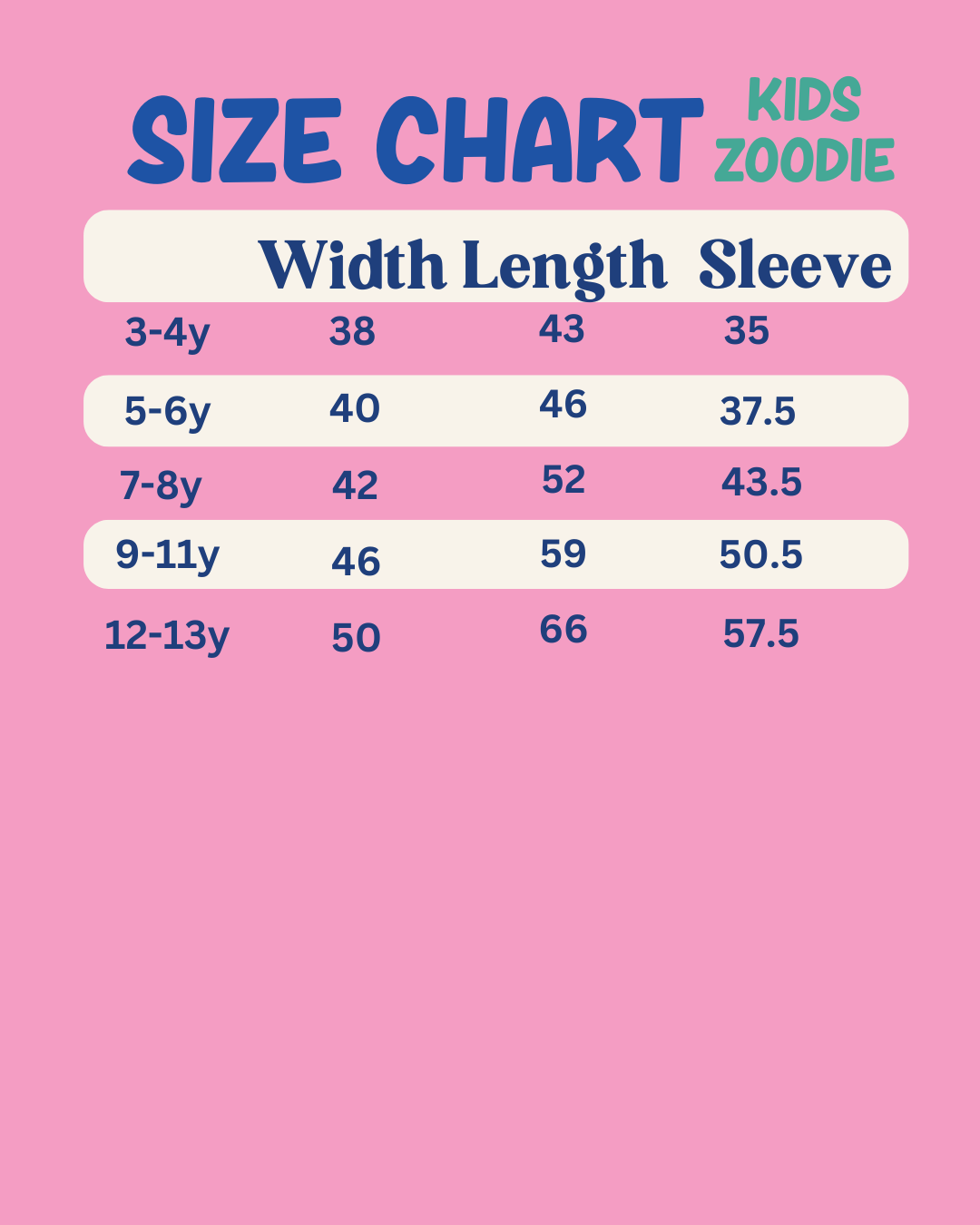 Size chart for Kids Zoodie on a pink background