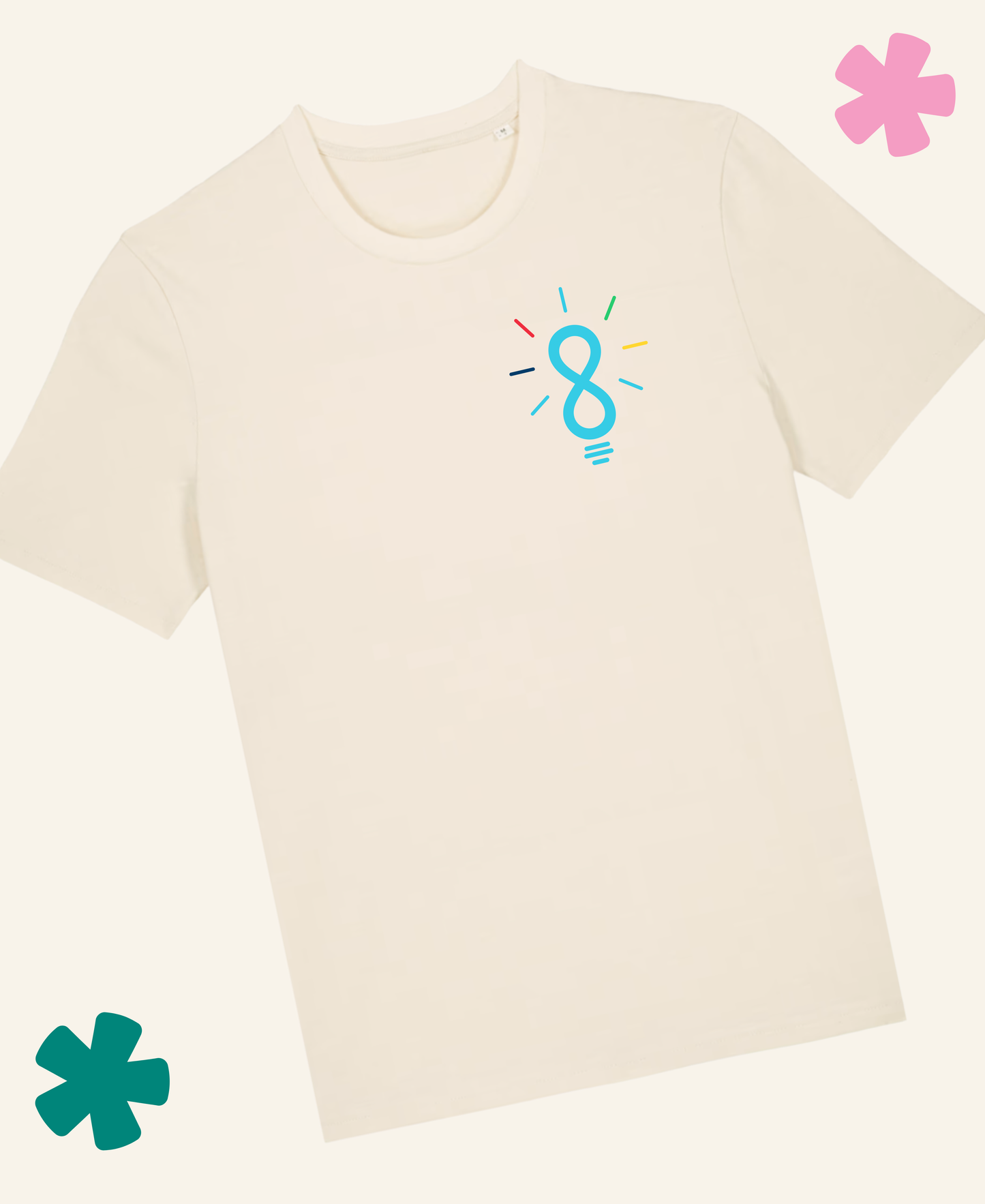 A natural raw short-sleeve crewneck t-shirt with a light blue lightbulb graphic on the left chest, displayed on a matching off-white background with decorative pink and teal flower overlays. Unite Club x Something Profound