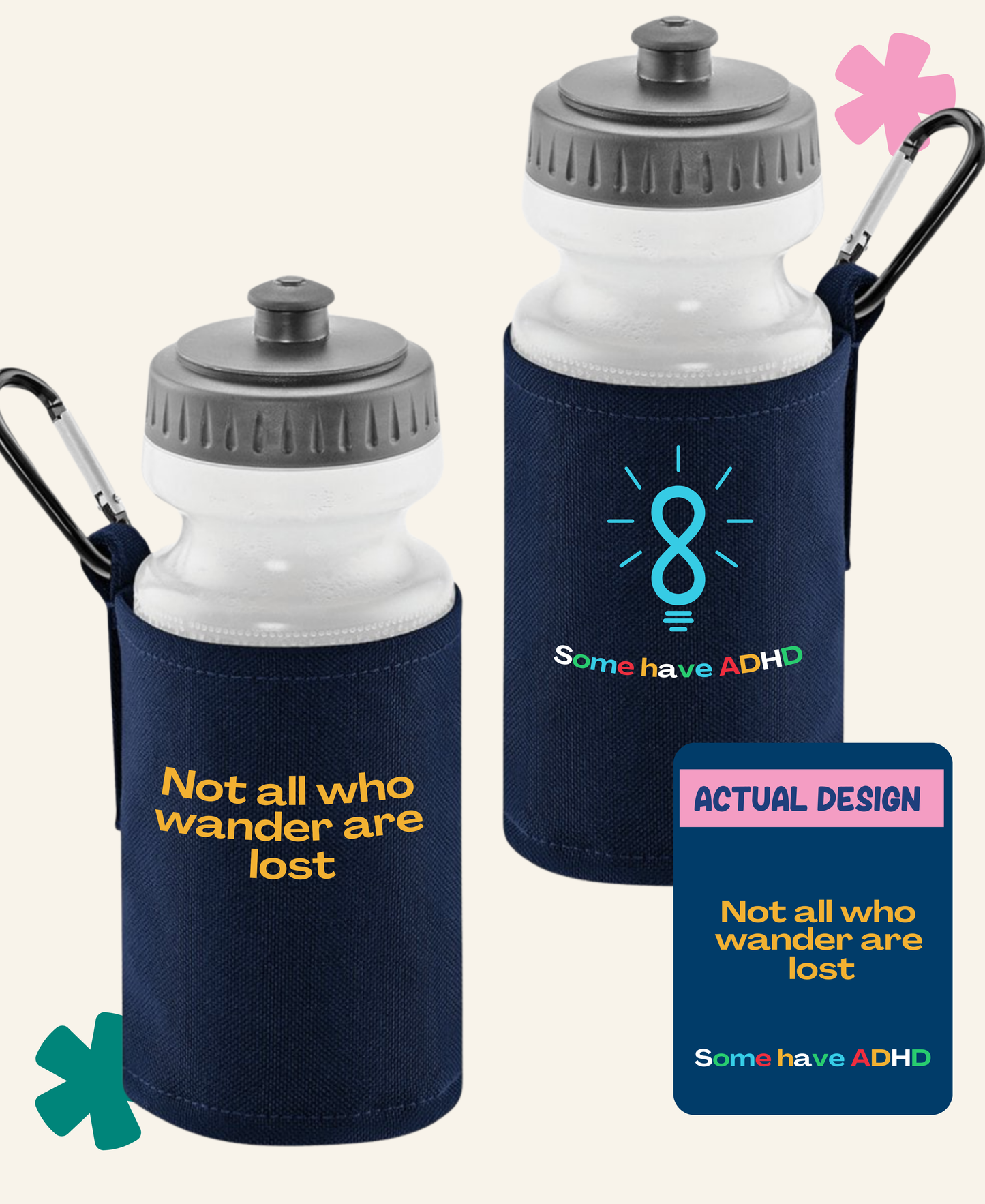not all who wander are lost Navy Unite Club Water Bottle – In Use, Clipped to Bag – Neurofest x Unite Club
