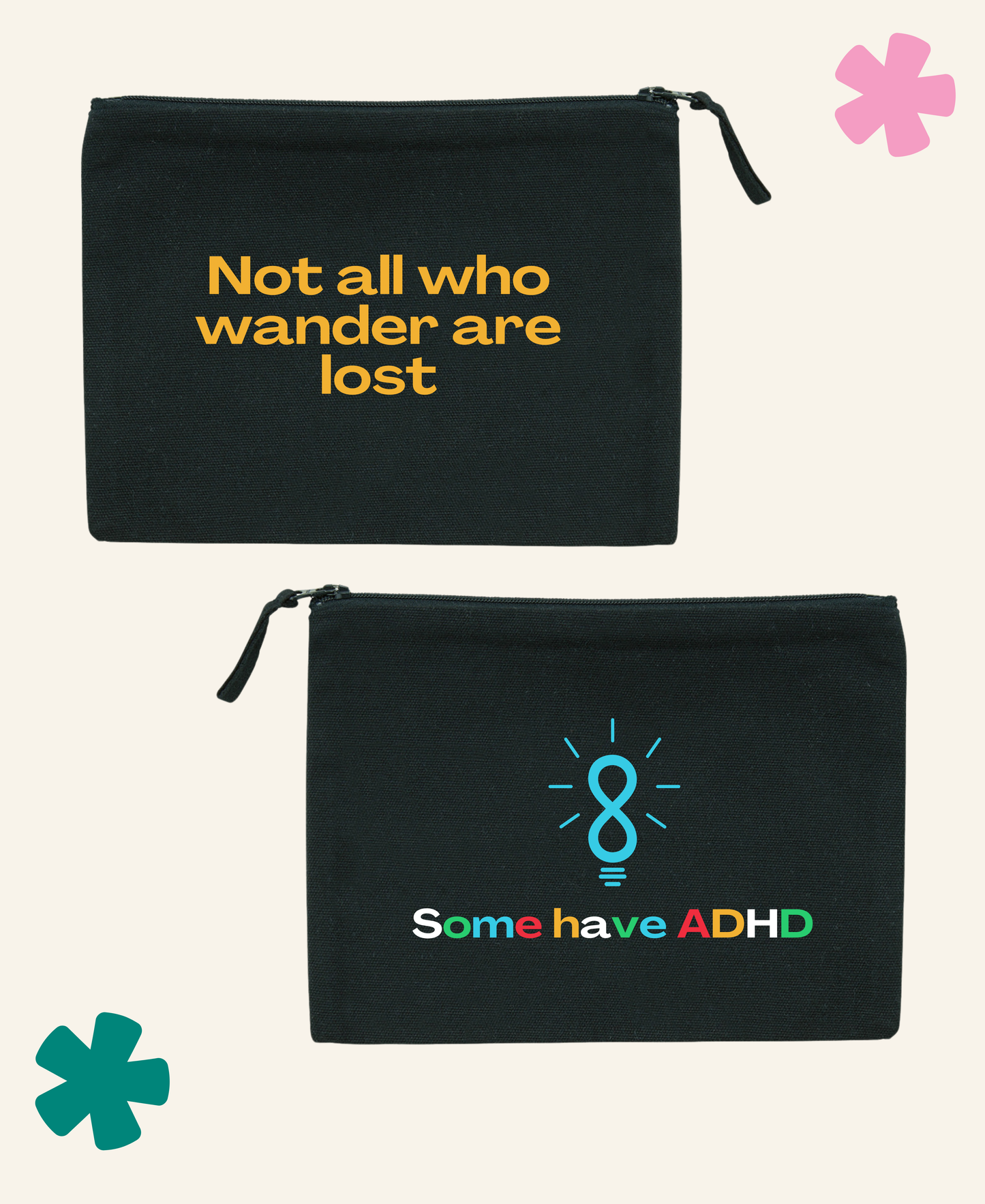 Black neurodivergent pride pencil case with not all who wander are lost design — Unite Club x Something Profound