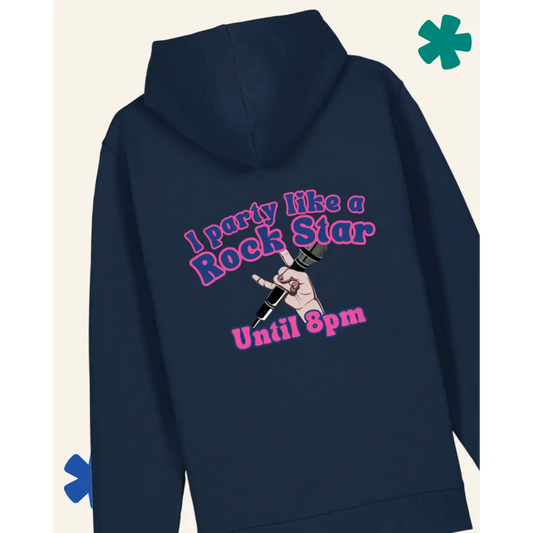 Navy blue hoodie with 'I party like a rock star until 8pm' text and graphic on the back.