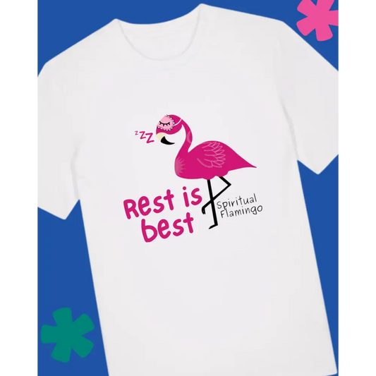 White t-shirt with pink flamingo graphic and text on a blue and pink background