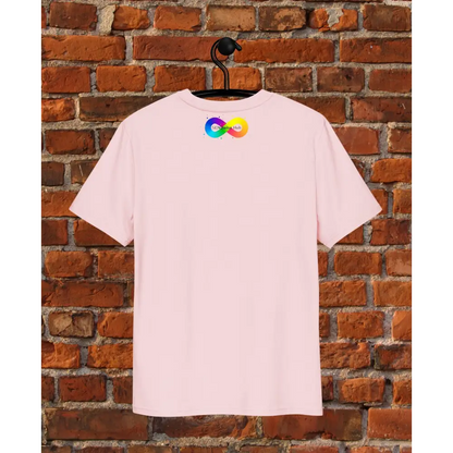 Pink t-shirt with a colorful logo on a hanger against a brick wall.