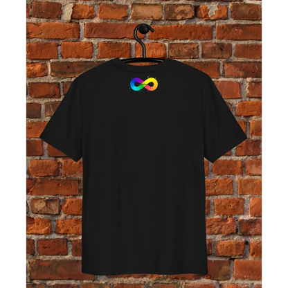 Black t-shirt with a colorful logo on a hanger against a brick wall.