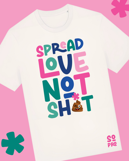White t-shirt with colorful text and emoji on a pink background