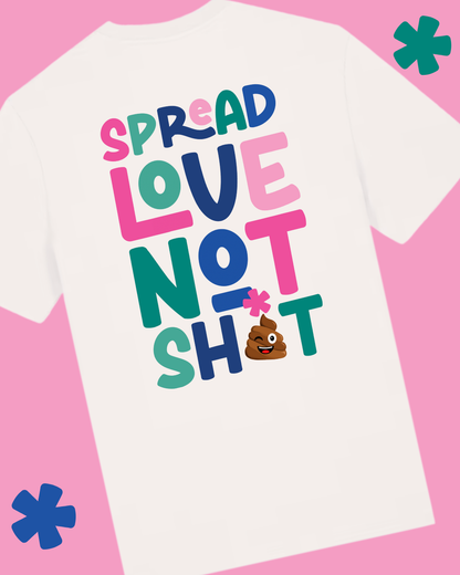 White t-shirt with colorful text on a pink background