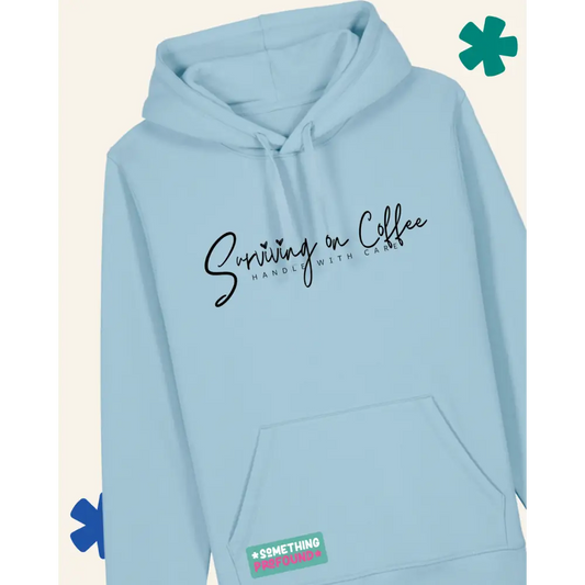Light blue hoodie with text on a white background