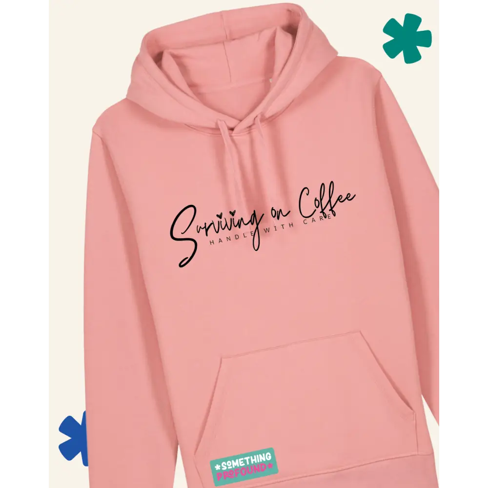 Pink hoodie with text on a light gray background