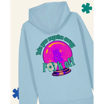 Light blue hoodie with a colorful graphic and text on the back against a white background