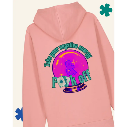 Pink hoodie with graphic design and text on a white background