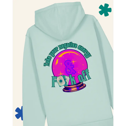Light blue hoodie with a colorful graphic and text on the back against a white background
