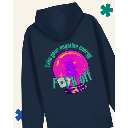 Navy blue hoodie with colorful graphic design on the back