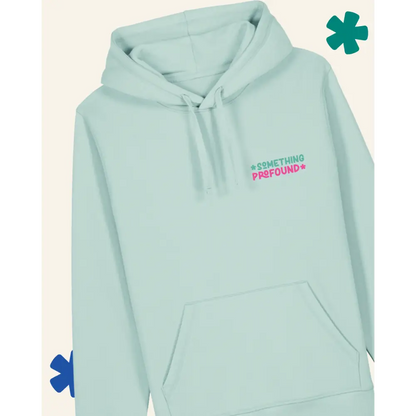 caribbean blue hoodie with text on a light gray background