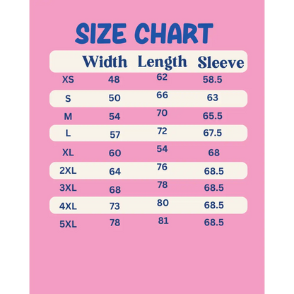Size chart for clothing with width, length, and sleeve measurements on a pink background