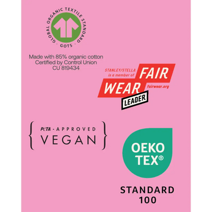 Certification logos on a pink background
