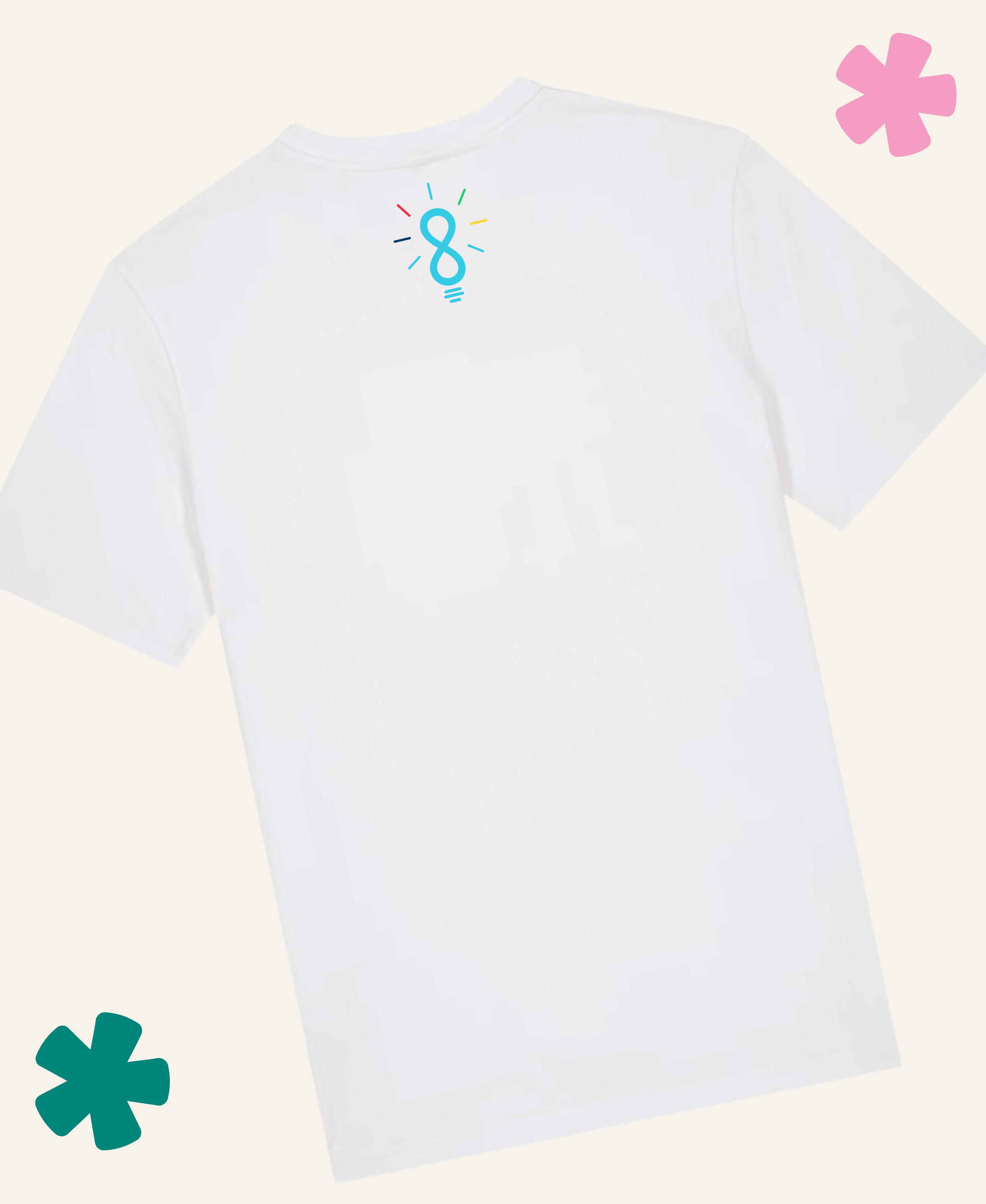 A white short-sleeve t-shirt shown from the back, featuring a small turquoise and black graphic logo near the upper neckline. The t-shirt is displayed on a light cream background decorated with decorative pink and teal flower graphics in the corners. Unite Club x Something Profound
