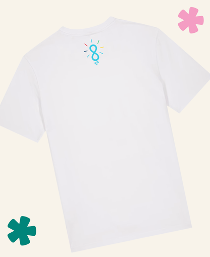 A white short-sleeve t-shirt shown from the back, featuring a small turquoise and black graphic logo near the upper neckline. The t-shirt is displayed on a light cream background decorated with decorative pink and teal flower graphics in the corners. Unite Club x Something Profound